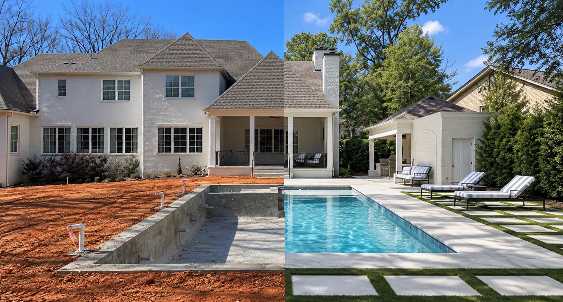Before-and-after comparison of a backyard pool project, from exposed soil and pool shell to a finished pool, paving, and outdoor living space