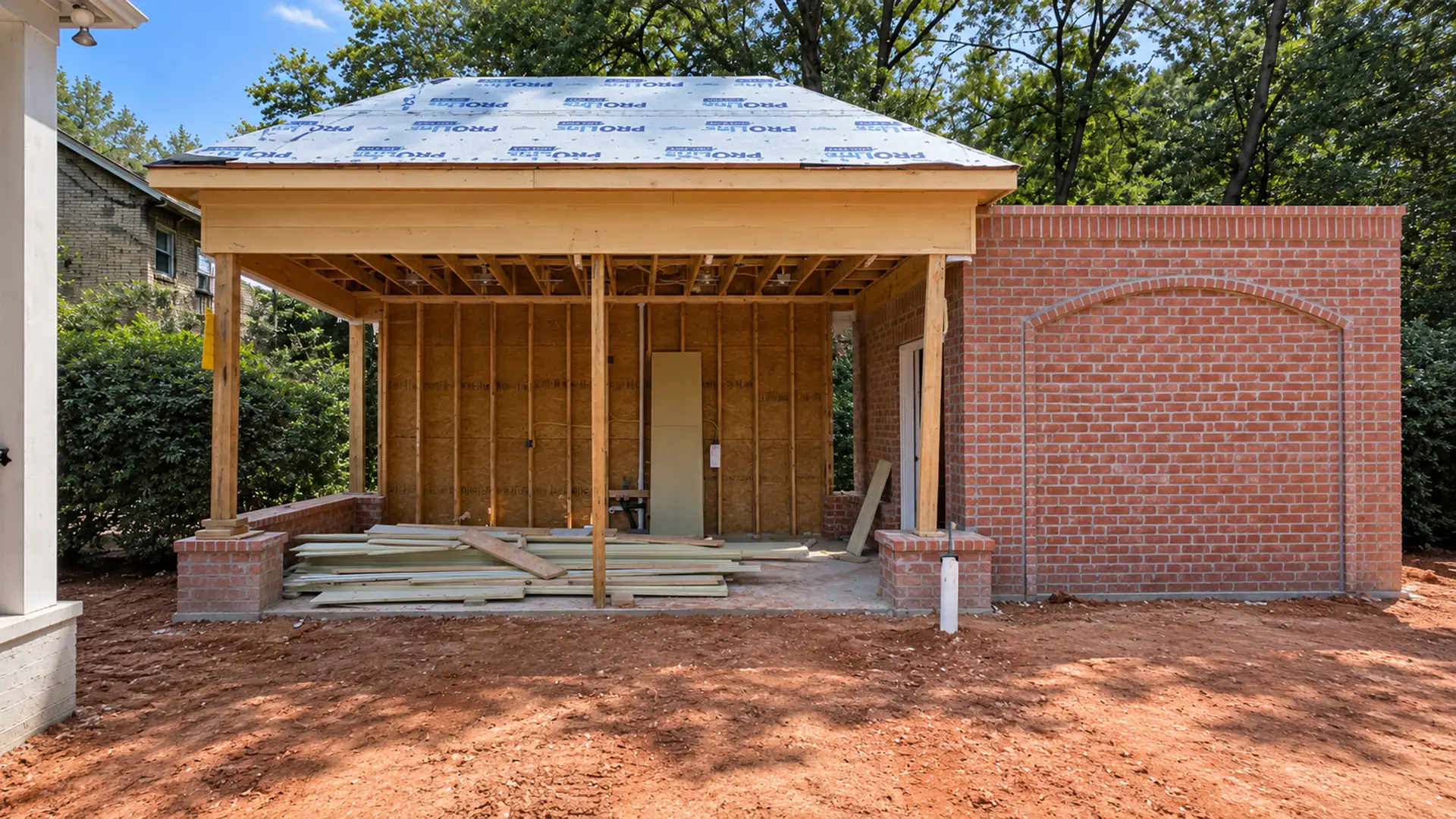 Outdoor kitchen pavilion framing before its finished counters and appliances