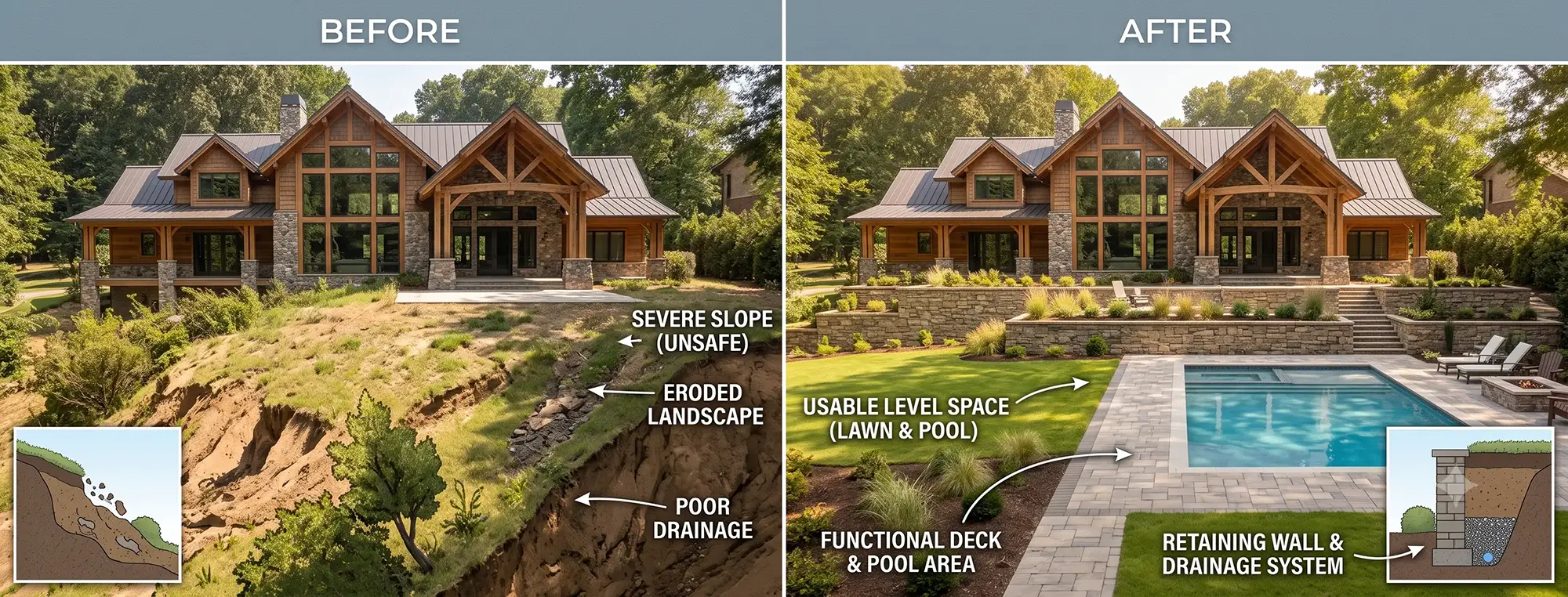 Leveled yard and retaining wall on a sloped Alabama property