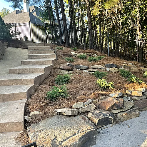 Structured grade transition and retaining elements within a broader landscape plan