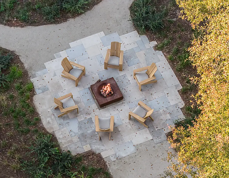 Outdoor living material palette and hardscape detailing near the home